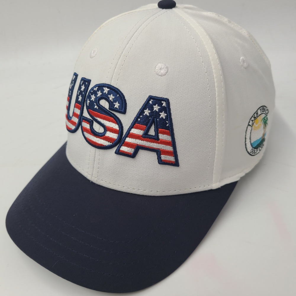Lake Venice Golf Club Hat Adjustable Pukka White Blue USA American Flag Course